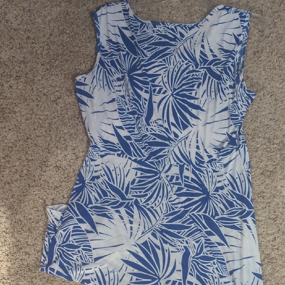 Blue and White Leaf Print Sleeveless Dress - Picture 5 of 5